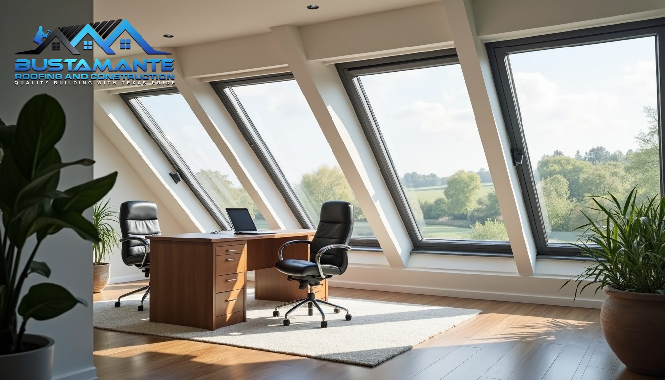 Professional home office space illuminated by strategically placed skylights, showing both the interior workspace and roofing elements, soft natural lighting emphasizing productivity-focused design, architectural photography style, photorealistic.