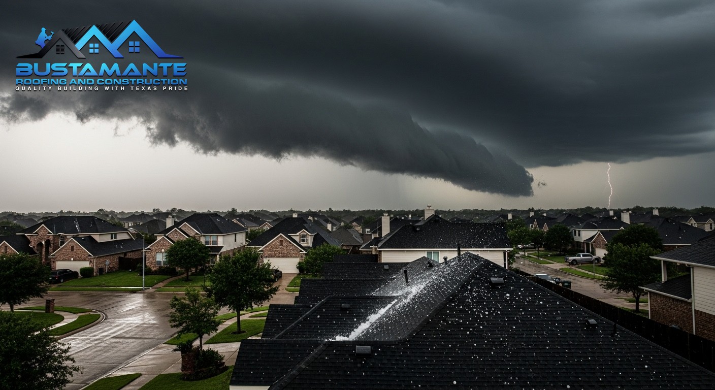 Hail and rain falling on an asphalt shingle roof of a nice American suburban home during a severe thunderstorm.
