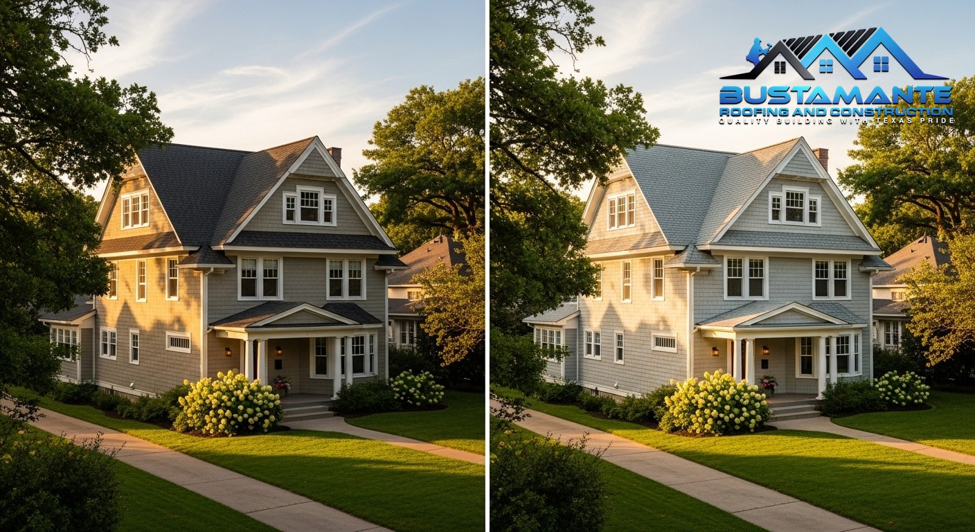 Split-screen comparison of identical houses with different roof colors
