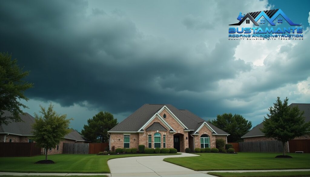 Residential suburban home in Texas with a very nice roof and dramatic clouds in background suggesting approaching severe weather